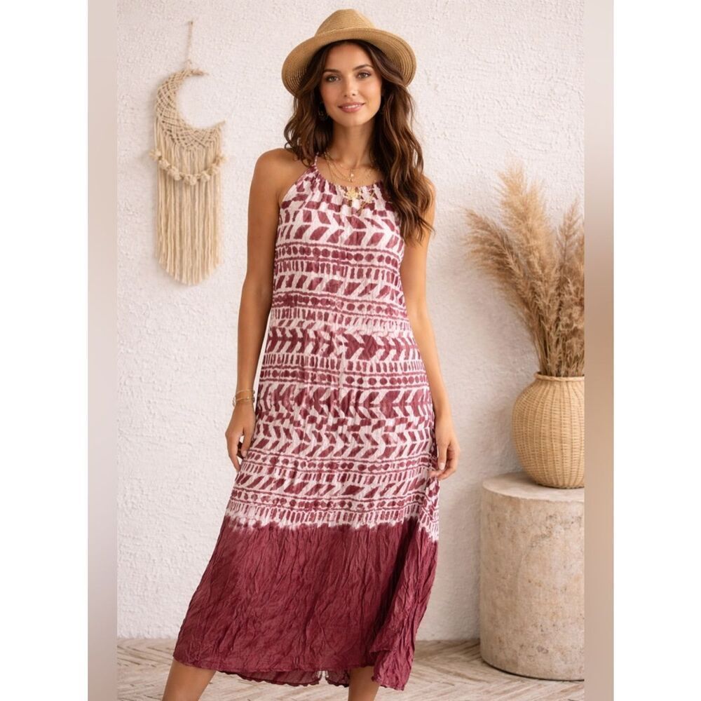 Planet Boho Chic Blue Burgundy and White Maxi Dress